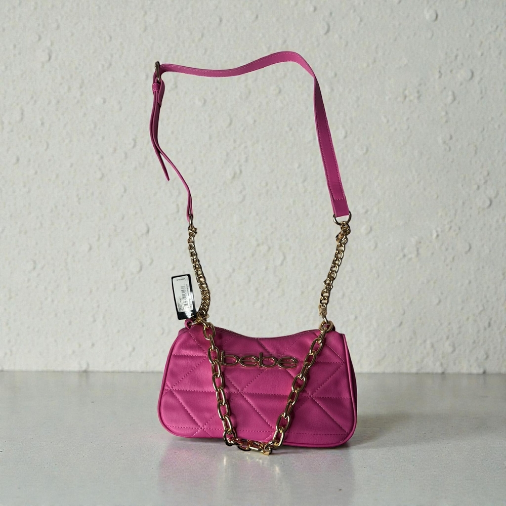 bebe Fuchsia Quilted Shoulder Bag with Golden Chain